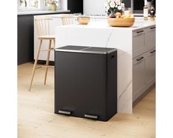 Afvalbak - Prullenbak - 60 Liter Inhoud (2x30) - Met 2 Gescheiden Bakken - RVS - Zwart