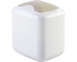 Afvalbak voor Badmeubel of Tafelblad - Prullenmand voor Wattenschijfjes Make-up Sponsjes Tissues - Mini Plastic met Swing-deksel - Wit Mat Satijn