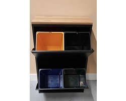 Afvalbak - vuilnisbak - afvalemmer - afvalscheiding met 4 binnenemmers van 16 liter en eiken paneel - zwart