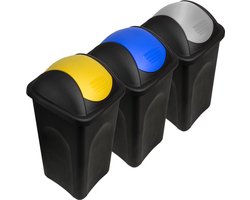 Afvalemmer met klapdeksel – 3 Stuks elk 60L – Geel Blauw Grijs