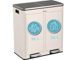 Afvalscheidingsprullenbak 2 vakken Wit – 60 L (2x30 Liter) pedaalemmer Homra QUICKX – Design Duo Afvalemmer RVS - Afval Scheiden - Recycle Afvalbak - Hygiënisch Pedaal - Dubbele Vuilnisbak - Keuken Vuilbak - Kantoor Prullenbak