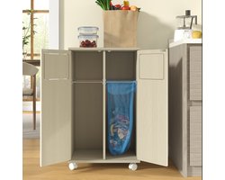 Afvalscheidingsprullenbak - Dubbele Afvalkast Met Wielen En 180 Graden Deuren - Voor Keuken En Eethoek - MDF Houtlook En Wit - 46,7x35x80,3 Cm