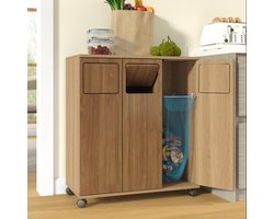 Afvalscheidingsprullenbak - Prullenbak Kast Met 3 Vakken En Wielen - Voor Keuken En Eethoek - Houtlook MDF - 69,3x35x80,3 Cm - Natural