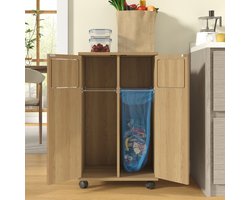 Afvalscheidingsprullenbak - Rollende Prullenbakkast Met 2 Vakken En 4 Wielen - Voor Keuken En Eethoek - Hout Naturel - 46,7x35x80,3 Cm