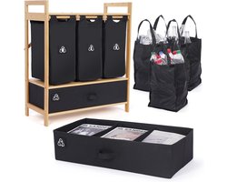 Afvalscheidingssysteem bamboe 4 vakken – recyclingcontainer voor PET en glas | MY FAT GORILLA Multifunctionele afvalemmer met 4 vakken, afvalscheidingssysteem voor PET, glas, blikjes en oud papier (zwart)