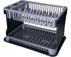 Afwas afdruiprek 2-Laags - grijs/zwart rotan - 45 x 30 x 28 cm - Afwasrek - kunststof - afwassen en drogen