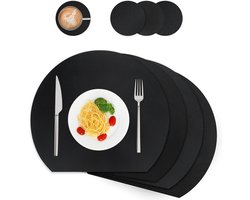 Afwasbare leren placemats en onderzetters - ronde tafeldecoratie voor keuken en eettafel - set van 4 halve cirkel zwart