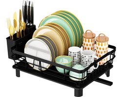 Afwasrek met Waterafvoer – Druiprek Keuken voor Borden, Glazen & Bestek – Compact en Ruimtebesparend Afdruiprek – Uitneembare Bestek- en Messenhouder – Roestbestendig Carbonstaal – Zwart – 43x33x15 cm