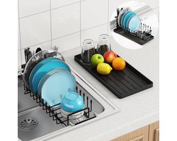 Afwasrek Uitschuifbaar - Aanrecht Afdruiprek Met Silicone Lekbak En Bestekhouder - Verstelbaar 35-48 Cm - Roestvrij Staal - 1 Set Voor Kleine Keukens