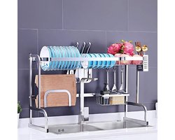 Afwasrek voor Spoelbak 65,5–91 cm – Verstelbaar RVS Over-de-Gootsteen Afdruiprek met Bestekhouder, Messenhouder, Snijplankhouder & 5 Haken – Ruimtebesparend Keukenrek Organizer