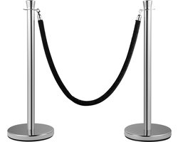 Afzetpalen, set van 2, 1,5 m zwart fluwelen touw, zilveren afzetpalen met stabiele beton- en metalen voet, eenvoudig te monteren met Easy Connect-systeem