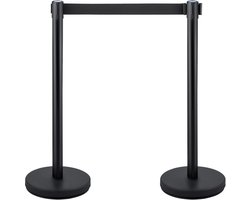 Afzetpalen voor menigtenbeheer – 4-pack. 2 m lang zwart intrekbaar lint. Zwarte barrière met beton- en metalen voet. Eenvoudige montage