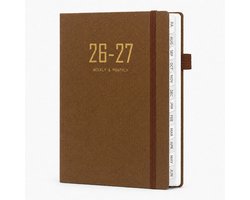 Agenda 2026-2027 - A5 Dagplanner -21*15.5cm - 2026 t/m2027 - Weekplanner met Uurindeling - Inclusief Kleurtabbladen en Penhouder - Hardcover Organizer voor Werk en Studie-Bruin