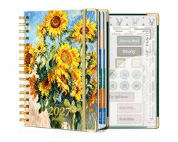 Agenda 2027, A5-planner, met stickers, elegante omslag, dubbele spiraalbinding, spiraalgebonden notitieboek geschikt voor school, werk, reizen, kantoorplanning en als notitieboek,Gele zonnebloem
