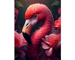 AI - Woondecoratie - Poster - Dieren - Flamingo - Bloemen en jungle - 27 - 40 x 50 cm