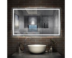 AICA Badkamerspiegel 140x80 cm met 3 LED standen - Dimbaar - Anti-Condens - Geheugen Wandspiegel Douchespiegel met Warm/Neutraal/Koud Wit IP44 Horizontaal / Verticaal