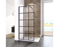 Aica Industriële inloopdouchewand 90x200 cm 8 mm NANO Easyclean veiliges gehard glas zwart regelmatig raster mat zwart 70-120cm inkortbaar stabilisatiestang