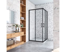 Aica volledige set douchecabine 90x90x195cm met dubbele schuifdeur 6mm easyclean gehard glas mat zwart mat zwart profiel inclusief mat wit douchebak