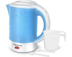 Aigostar 30JQK - Mini Waterkoker - 600ML - Reiswaterkoker - Inclusief 2 Kopjes en Lepel - Kleine Reiswaterkoker - camping waterkoker - 650W - Blauw/Wit