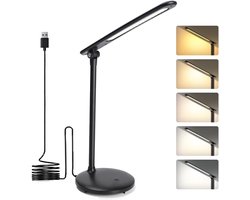 Aigostar Bureaulamp LED Dimbaar - 3 kleuren licht - 5 Helderheidsniveaus - Touch Control - Verstelbare Leeslamp - Bedlamp - Nachtlampje- Zwart