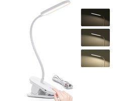 Aigostar bureaulamp met klem - Dimbaar - 3 Helderheid - Opladende USB - incl. Batterijen - Verstelbare Leeslamp - Wit