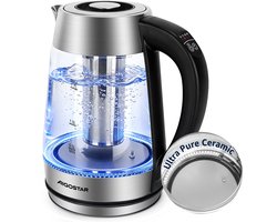 Aigostar Cris Glaze - Waterkoker met Keramische Coating tegen Kalkaanslag - Temperatuurregeling en Warmhoudfunctie - Glas - 1,7L - 2200W - LED Verlichting - Inclusief Theefilter