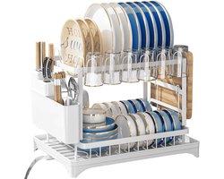 AIMASON Wit Afdruiprek met Dubbele Laag - Snelle Montage zonder Gereedschap - Stevig en Ruim - Inclusief Wateropvangbak, Bestekhouder en Snijplankstandaard - 42x30x29 cm (LxBxH)