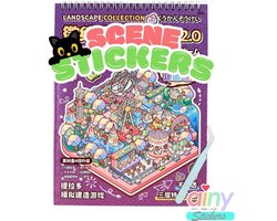 Ainy - Scene 3D Sticker Boek Paars L | Inclusief Pincet | Set van 6 Achtergronden 26*19.5cm met PET Stickers | Kat & Vrienden Miniatuur | Creatief & Rustgevend | Stickervellen voor volwassenen en kinderen