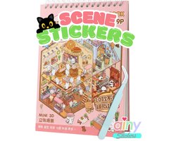 Ainy - Scene 3D Stickerboek Babyroze M | Inclusief Pincet | Set van 20 Achtergronden 13.7*19cm met PET Stickers | Kawaii Capybara & Katten miniatuur sticker | Creatief & Rustgevend | Stickervellen voor volwassenen en kinderen