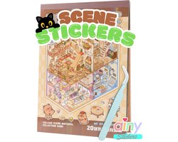 Ainy - Scene 3D Stickerboek Capibara Bruin M | Inclusief Pincet | Set van 20 Achtergronden 13.7*19cm met PET Stickers | Capybara Paradijs miniatuur sticker | Creatief & Rustgevend | Stickervellen voor volwassenen en kinderen