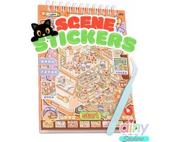 Ainy - Scene 3D Stickerboek Capibara Oranje S | Inclusief Pincet | Set van 10 Achtergronden 11*15cm met PET Stickers | Capybara & Kat miniatuur sticker | Creatief & Rustgevend | Stickervellen voor volwassenen en kinderen