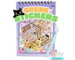Ainy - Scene 3D Stickerboek Capibara Paars S | Inclusief Pincet | Set van 10 Achtergronden 10x14cm met PET Stickers | Capybara & Konijn miniatuur sticker | Creatief & Rustgevend | Stickervellen voor volwassenen en kinderen