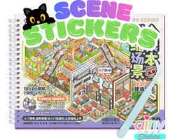 Ainy - Scene 3D Stickerboek Wit L | Inclusief Pincet | Set van 12 Achtergronden 26*19.5cm met PET Stickers | Kat & Vrienden miniatuur sticker | Creatief & Rustgevend | Stickervellen voor volwassenen en kinderen