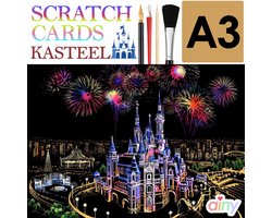 Ainy - Scratch Art Kasteel (A3) | DIY kras tekeningen incl. gereedschapen | Schilderen op kleuren kunst kraskaart | hobby & creatief voor volwassenen en kinderen ( meisjes ) | Knutselen - ontspanningspakket | Schilderijen set nummer 10