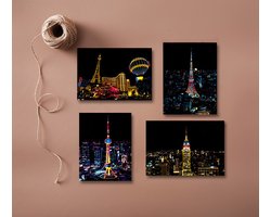 Ainy - Scratch Art Moderne Steden (A5) | 4 krastekeningen incl kraspen | Kras tekeningen | Schilderen op kleuren kunst | hobby & creatief voor volwassenen en kinderen ( meisjes ) | Knutselen - ontspanningspakket