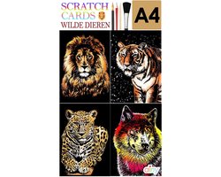 Ainy - Scratch Art Wilde Dieren (A4) | 4 krastekening incl. gereedschappen | DIY kras tekeningen | Schilderen op kleuren kunst | hobby & creatief voor volwassenen en kinderen ( meisjes ) | Knutselen - ontspanningspakket | Schilderijen set nummer 6