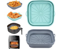 Air Fryer Siliconen Pot, 2 Stuks Airfryer Pan Liners Herbruikbare Heteluchtfriteuse Mand Vierkant Opvouwbare Tray Rack Accessoires Basket voor Magnetron, Oven (Blauw+Grijs)