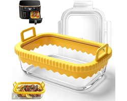 Airfryer-accessoires met 2 kamers, hittebestendige glazen ovenschaal met siliconen handgrepen en deksel, ideaal voor koken en bakken in de airfryer, geel