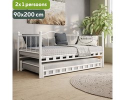 AirSleeperz® Metalen Slaapbank Lisa - 2x 90x200 cm - Met Uitschuifbed - 1,5 mm Staal - Wit - 2x 1-persoons