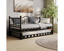 AirSleeperz® Metalen Slaapbank Lisa - 2x 90x200 cm - Met Uitschuifbed - 1,5 mm Staal - Zwart - 2x 1-persoons