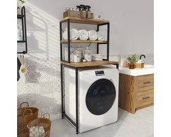 AirSleeperz® Wasmachine Kast - Droger Ombouw Meubel - Walnoot Houtkleur met Zwart Metaal - 3 Etages - 50x68x155 cm