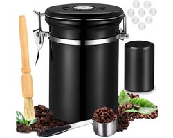 Airtight Koffieblik 1.8L - Koffie Bewaarbus met Lepel - Theepot - 5 Ventielen - Koffiebonen Opbergbus - Vacuümcontainer voor Koffie Thee Noten Cacao - Zwart - Extra Luchtventielen - Opbergbus voor Koffiebonen en Thee - Keukenopslag - 1.8 Liter