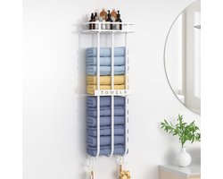 AIRUJIA Handdoekhouder met opbergplank, handdoekhouder badkamermuur, gastenhanddoekhouder met 4 haken, handdoekhouder geschikt voor badkamers en sauna's, wit