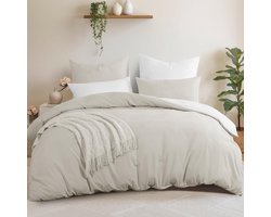 Aisbo Beddengoedset, 3-delig, 200 x 200 cm, beige, omkeerbaar, met ritssluiting, tweekleurig dekbedovertrek van zachte microvezel met kussenslopen, beige en wit