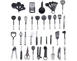 Aiverig® 40-delige Keukenset – Compleet Keukengerei & Bakset – RVS & Nylon (hittebestendig tot 210°C) – Incl. garde, maatbekers/-lepels, knoflookpers, keukenschaar & spatels – Zwart/Zilver – Kookset cadeau