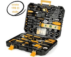Aiverig® Gereedschapskoffer Gevuld – 198-Delige Gereedschapskist & Gereedschapset – Gele Kist – Met Ratelset, Schroevendraaiers, Tangen & Doppen – Toolbox voor Huis, Auto & Werkplaats – 44×34×8 CM