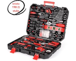 Aiverig® Gereedschapskoffer Gevuld – 198-Delige Gereedschapskist & Gereedschapset – Rode Kist – Met Ratelset, Schroevendraaiers, Tangen & Doppen – Toolbox voor Huis, Auto & Werkplaats – 44×34×8 CM