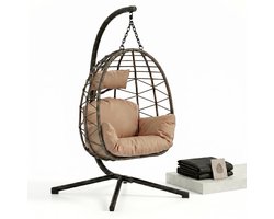 Aiverig® Hangstoel met Standaard en Regenhoes – Ei Stoel, Egg Chair & Egg Hangstoel – Voor Binnen en Buiten – Hangende Loungestoel 130 kg Draagvermogen – Met Kussens, Hoofdsteun & Regenhoes – Voor Tuin, Balkon en Woonkamer – Beige – 196 CM Hoog