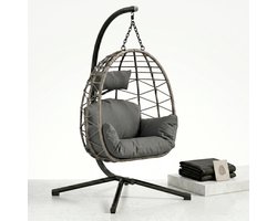 Aiverig® Hangstoel op Standaard met Hoes – Ei Stoel en Egg Chair voor Binnen en Buiten – Hangende Loungestoel met 130 KG Draagvermogen – Inclusief Kussens, Hoofdsteun en Regenhoes – Voor Tuin, Balkon en Woonkamer – Grijs – 105×105×196 CM