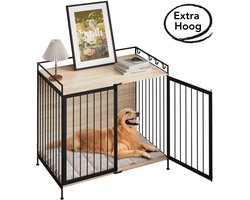 Aiverig® Hondenbench Hout Meubel Hoog L – Verhoogde bench voor honden met veel ventilatie – Hondenhok voor binnen – Indoor hondenkooi – Inclusief zacht kussen – Voor middelgrote & grote hond – Honden ren – 104×60×92 cm